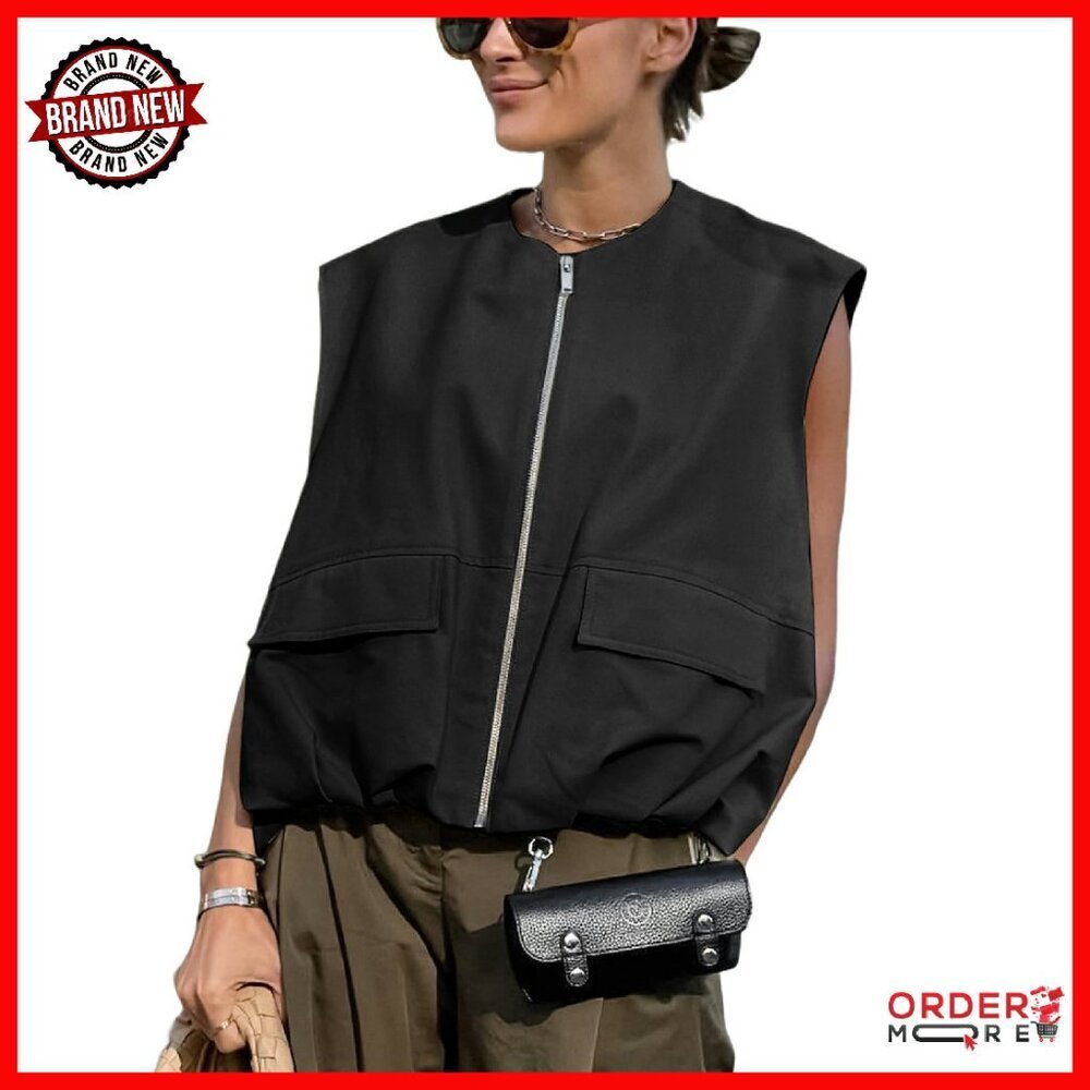 Oversized Zip Cargo Vest Ruched Hem Sleeveless Blazer Jacket